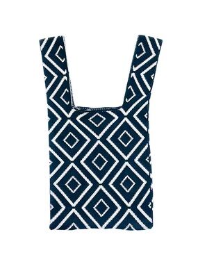 Japanese Style Crochet Tote Bag Loop Handle Black + White Diamond Pattern Knit